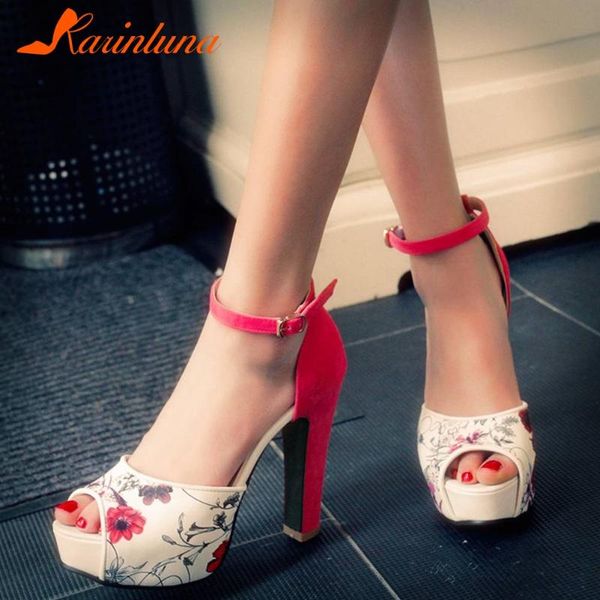 

arrivals peep toe platform women shoes fashion flower printing ankle strap high heels woman sandals, Black