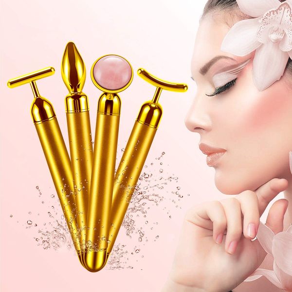 4 em 1 barra de beleza 24k ouro elétrico jade rolo emagrecimento rosto massagem levantamento de vibração natural rosa rolos de quartzo anti rugas ferramentas de aperto da pele