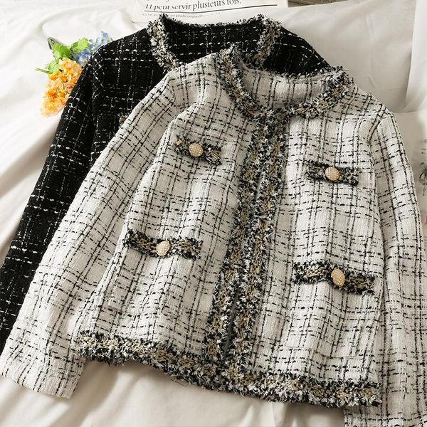 

women's jackets 2021 retro tweed plaid loose jacket coat autumn o neck long-sleeved bright silk woolen elegant for women, Black;brown