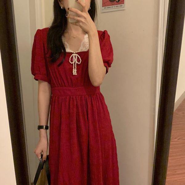 

dresses vintage elegant red summer es lace stitching sleeve square collar long vestidos, Black;gray