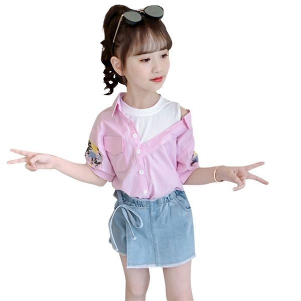 

children clothes embroidery tshirt + short costume for girls floral girl striped tracksuit kids 210527, White