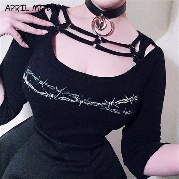 

women's t-shirt gothic graphic print punk black t-shirts mall retro grunge hollow out patchwork women long sleeve bodycon crop tee, White