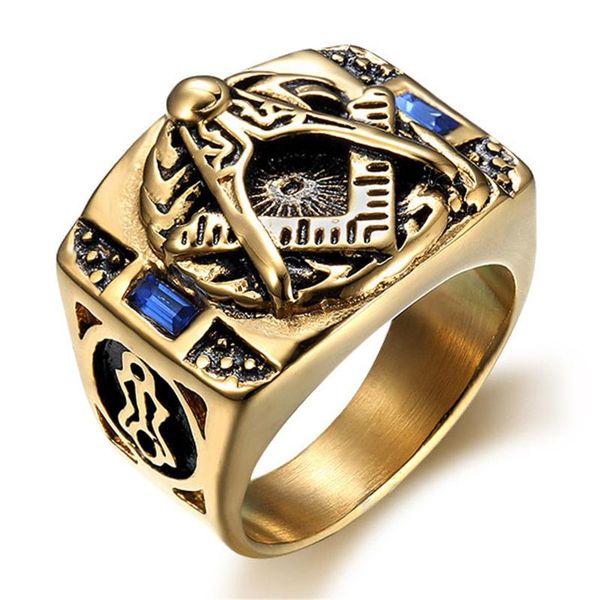 

retro stainless steel ring high polished big masonic blue zircon exaggerated male titanium cluster rings, Golden;silver