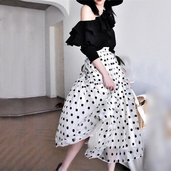 

skirts women polka dot skirt 2021 spring and winter high waisted a-shaped puffy umbrella mid-calf female, Black