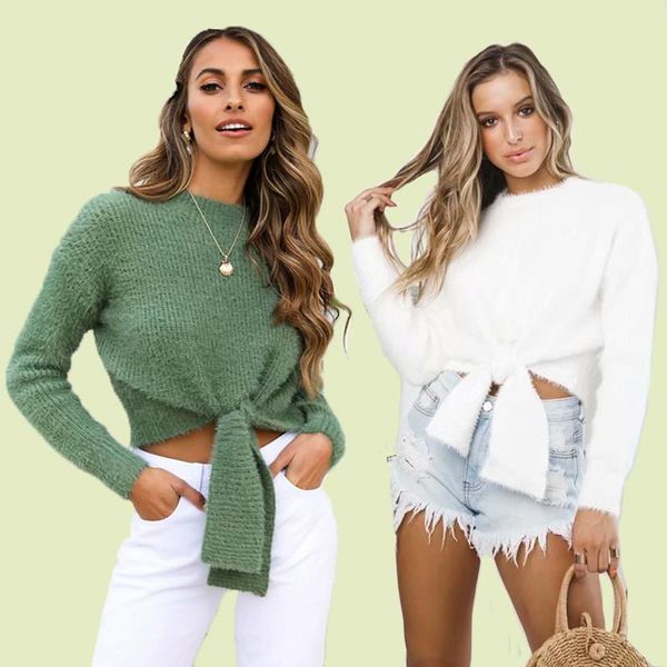 

women's sweaters 2021 winter fashion thin female sweater long sleeve casual solid lace up pullover knitted short autumn women clothing, White;black