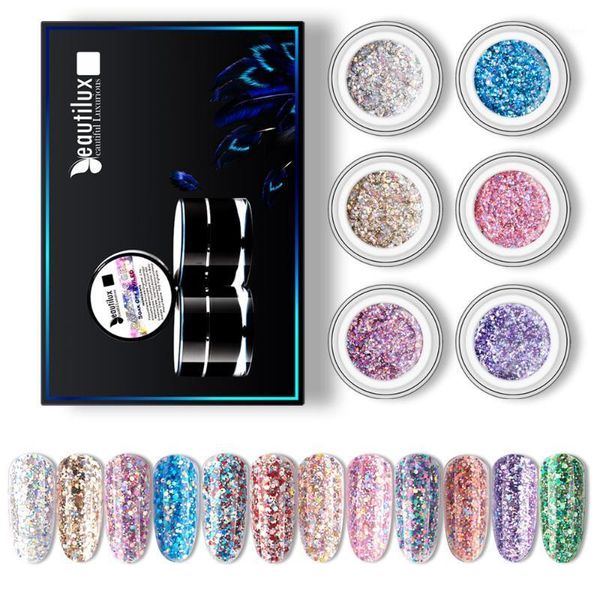 

beautilux gel polish kit dazzling nail holographic sequins nails art gels lacquer glitter bling varnish 6pcs/set1, Red;pink