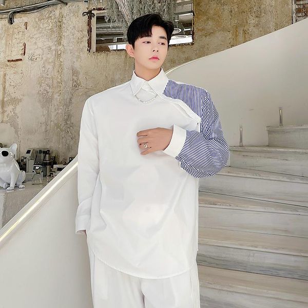 

men's casual shirts man korean streetwear fashion dress net celebrity stripe button long sleeve loose pullover shirt youth male, White;black