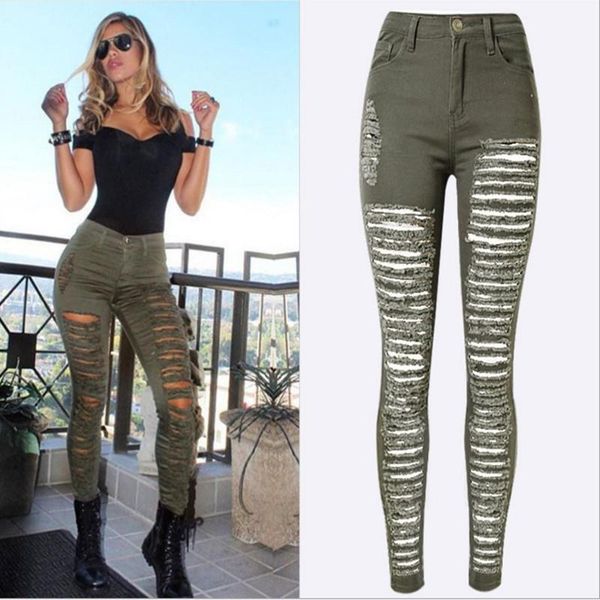 

army green denim pants women ripped hole jeans high waist stretchy pencil female casual trousers summer women's, Blue