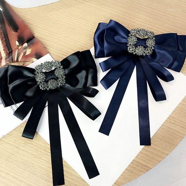 

women vintage satin ribbon bow tie brooch rhinestone layered collar corsage pin1, Blue;purple