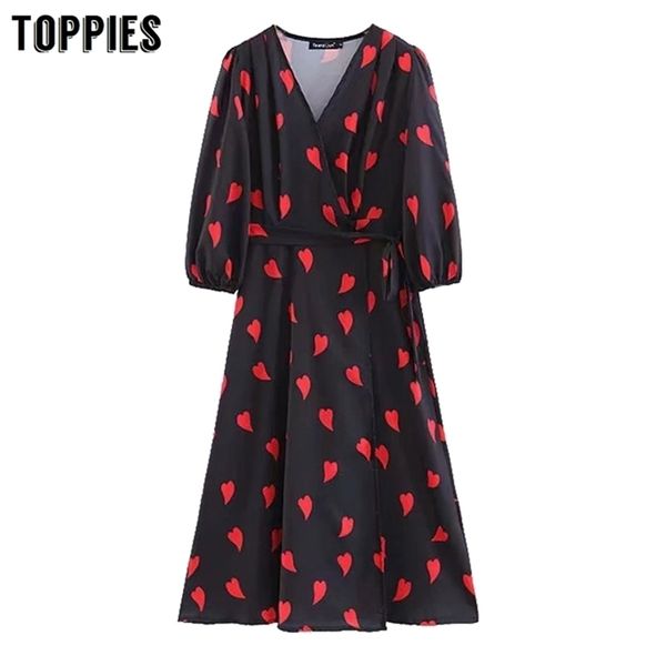 

summer dress three quarter sleeve v-neck midi heart printing wrapped smock vaction sundress 210421, Black;gray