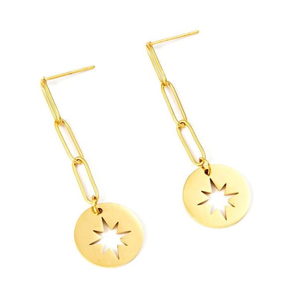 

dangle & chandelier bohemian long chain drop earrings for women stainless steel hollow out round star shape gold hanging wholesale, Silver