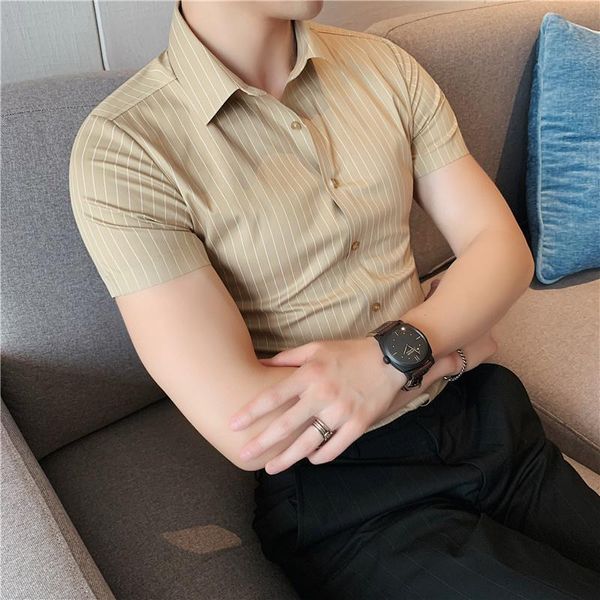 

men's dress shirts business formal camisa luxury short sleeve men shirt striped slim fit seamless glued non-iron blouse, White;black
