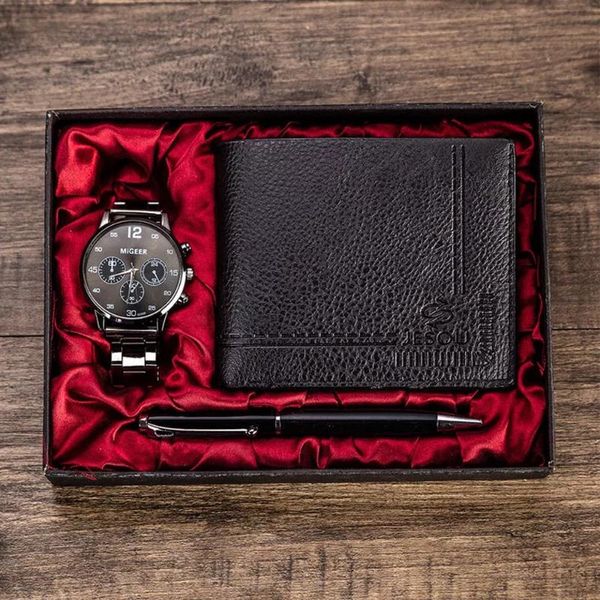 

wristwatches men watches gift set stainless steel quartz wrist watch ballpoint pen with folding wallet for boyfriend father's gifts, Slivery;brown