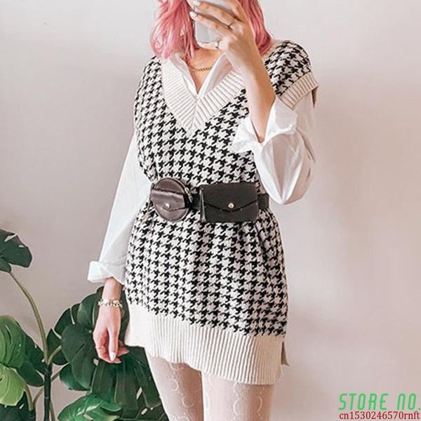 

women's vests plaid knitted sweater vest women oversized pullover vintage sleeveless v-neck korean female waistcoat, Black;white