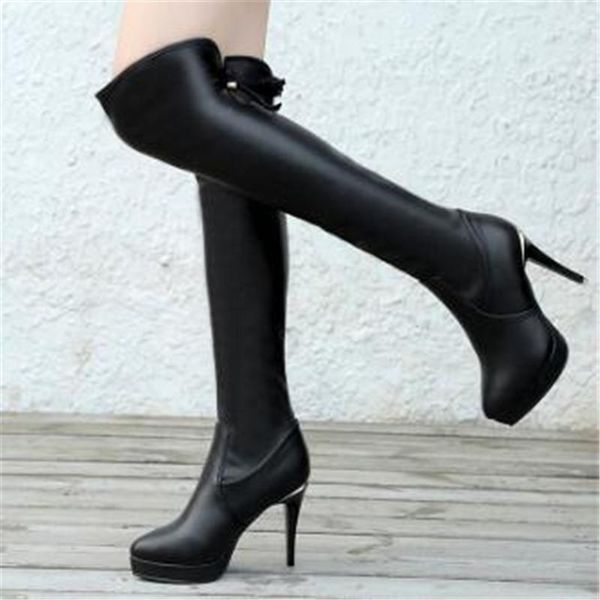 

boots 11 cm thin heels pu leather women black over the knee female autumn winter shoes botas