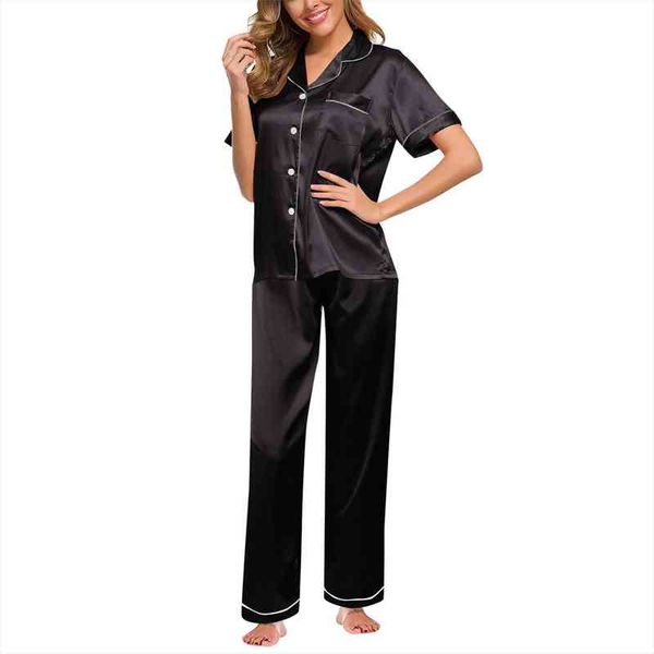 

satin 2 piece set womens sleepwears solid pajamas loose pants casual home suit sets nightwear winter pajama, Black;red