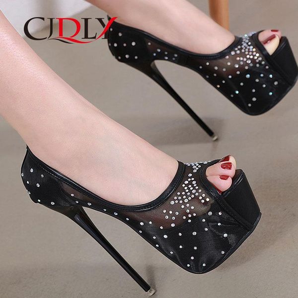 

dress shoes cjdly women's pumps platform super stiletto high heels mesh cloth round toe slip on for wedding party rhinestones, Black