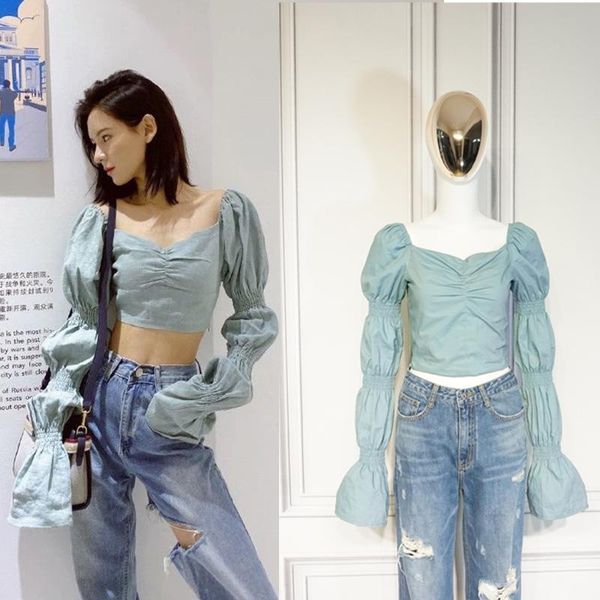 

women's blouses & shirts spring square neck folds crop women shirt princess girl kawaii slim fit chemise femme chemisier blusa muje, White