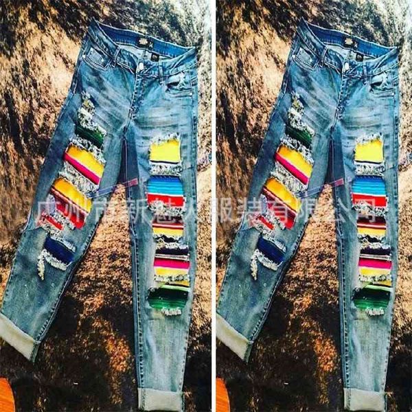 

women's jeans selling perforated patch printing trend fashion straight through micro elastic pants lx01 bd6h, Blue