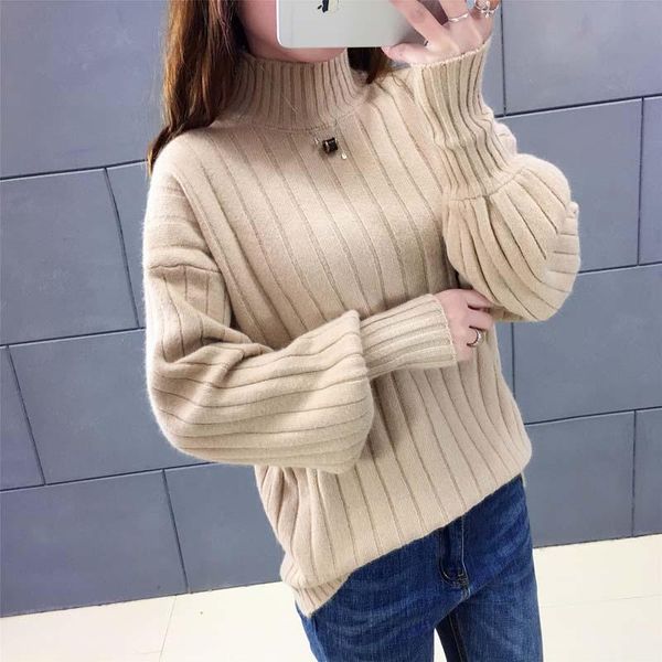 

women's sweaters women solid turtleneck lantern sleeve spring and autumn 2021 loose tide female knitting pullovers mn0756, White;black