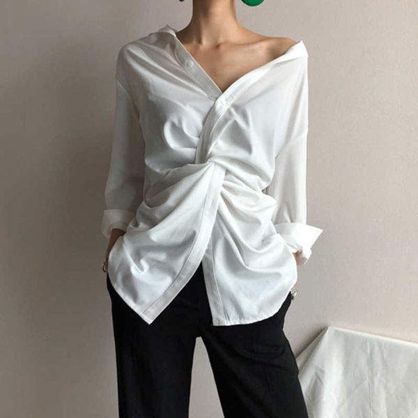 

spring and summer elegant women shirts cotton causal office lady full solid v-neck 210615, White