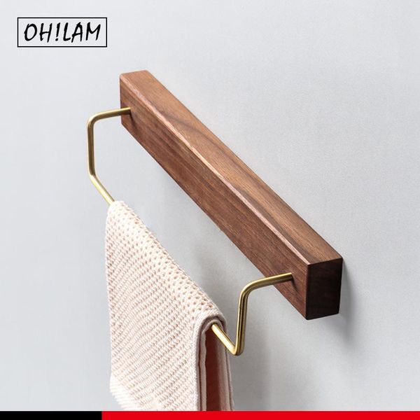 

black walnut wood towel rack wall mounted retro bar wooden holder brass rail hooks for bathroom kitchen racks