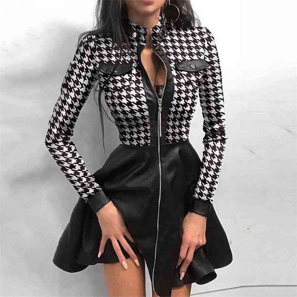 High Street A-Line Pockets Houndstooth Dress Womens Lace Splicing Imprimir Zip Bolso Pu Vestido para Preto 210508