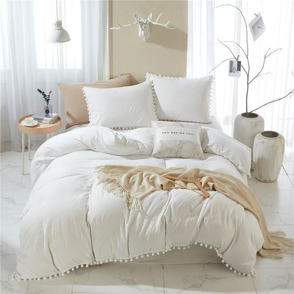 

bedding sets nordic soft cute solid white set with pompom duvet cover bedclothes bedspread quilt twin size bed linens polyester