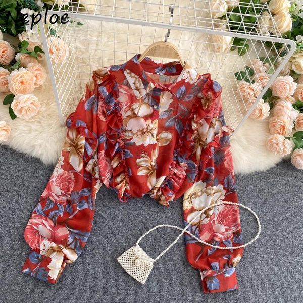 

neploe chic flower print shirt fungus patchwork women blouse turn-down collar single breasted all-match femme blusas 210423, White