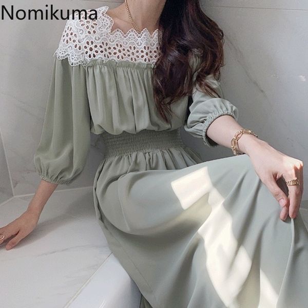 

nomikuma lace patchwork square collar dresses puff sleeve summer ellegant chiffon vestido causal stretch waist woman dress 6g982 210427, Black;gray