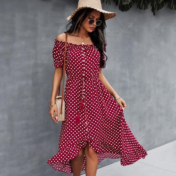 

casual dresses nice dot polka print dress women tassel button off the shoulder for woman slash neck ladies summer long, Black;gray