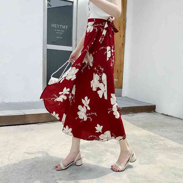 

werueruyu summer bohemian sashes long wrap skirts side split ruffled a-line chiffon beach ankle 210608, Black