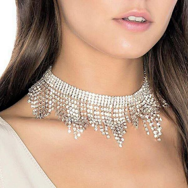 

chokers senhua fashion rhinestones tassel collar choker necklaces for women luxury wedding jewelry crystal statement, Golden;silver