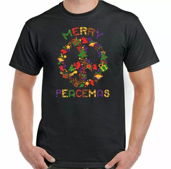 

christmas t-shirt men's funny happy peacemas peace hippy dance om, White;black