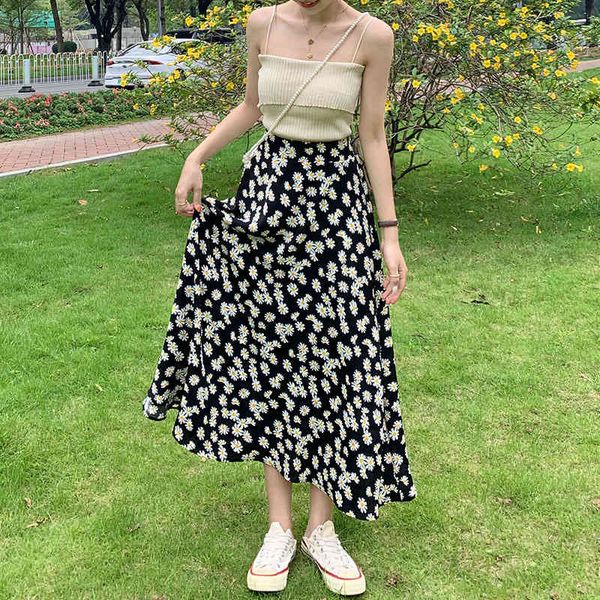 

skirts summer daisy floral printed a-line long black chiffon skirts