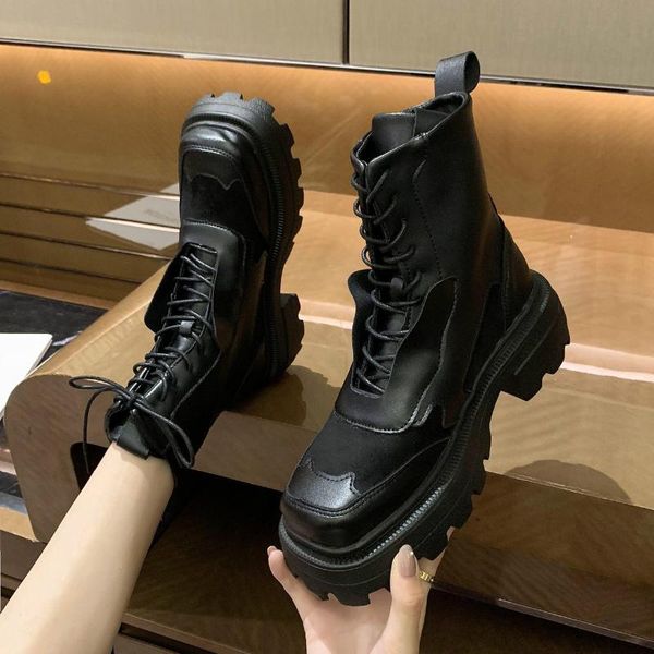 

boots women's 2021 autumn winter pu leather female platform square toe women booties british trend ankle, Black