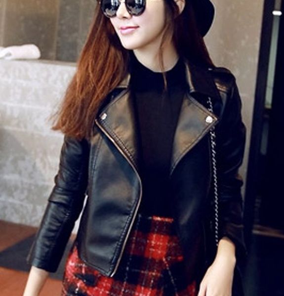 

2023 autumn winter women's pu leather jackets punk motorcycle biker thicken zip rivet beading pockets lapel neck woman's coats spl, Black