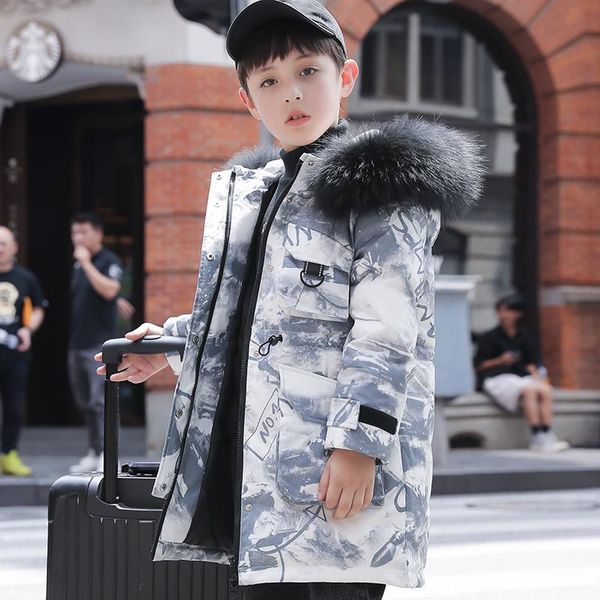 

down coat child boys winter long duck jacket for 5-15 years teenage hooded big fur collar warm windproof, Blue;gray