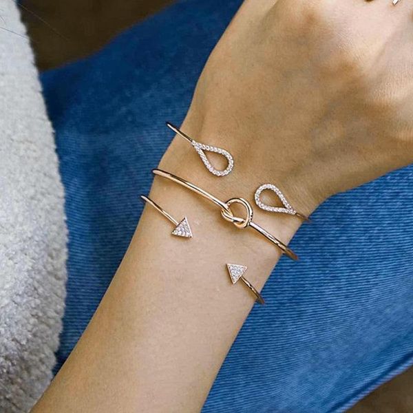 

link, chain pack of 3 adjustable bangle bracelet with metal twist water drop triangle inlay rhinestone burnished design, Black