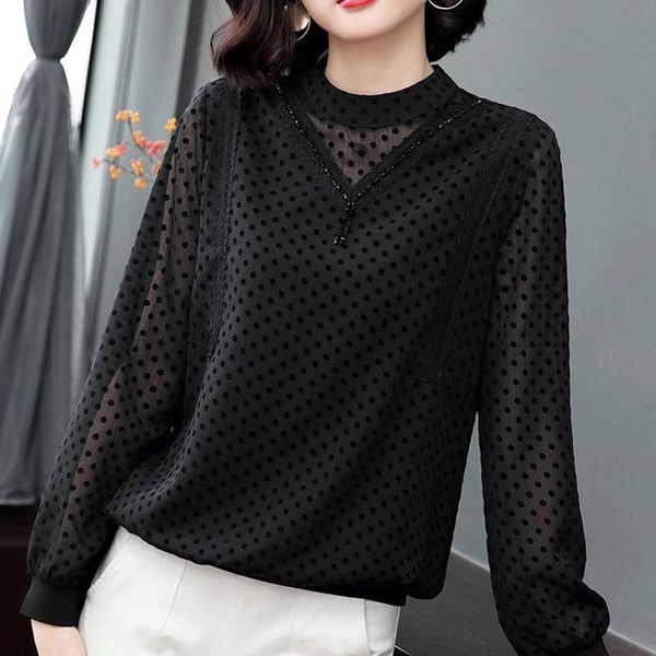 

plus size chiffon blouses women casual shirt 2021 korean style fashion lace polka dot elegant ladies and women's & shirts, White