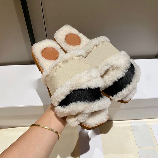 

2021 women woody mules fur slippers designer canvas cross woven sandals summer outdoor peep toe casual slipper letter stylist shoes with box, Black