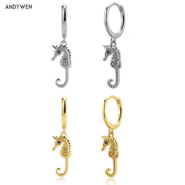 ANDYWEN 925 Sterling Silber Seepferdchen Tropfen Ohrring Piercing Pendiente Luxus Frauen Statement Rock Punk Schmuck 210608