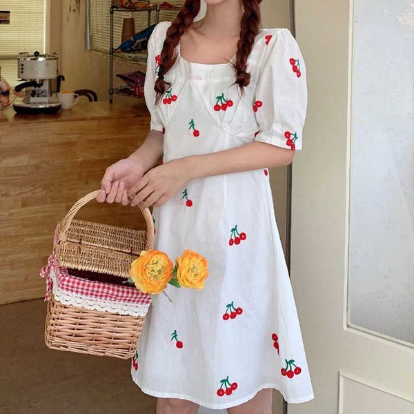 

strawberry dress cherry kawaii embroidery puff sleeve dress women vintage white square neck beach dresses korean clothes 210527, Black;gray