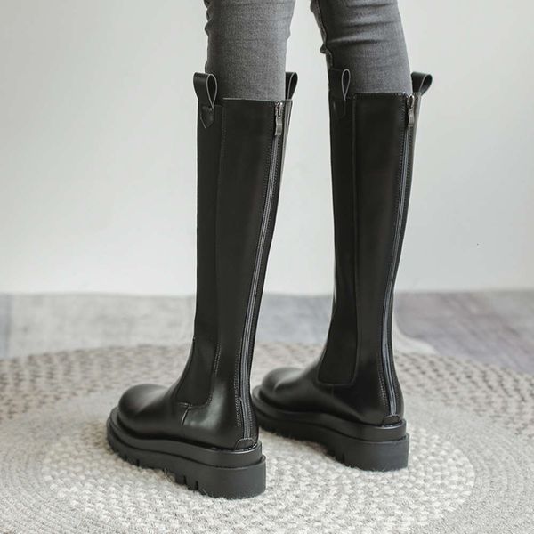 

women's boots autumn and winter 2021 new knee length plush chelsea back zipper middle sleeve boots chimney thick bottom knight boots, Black
