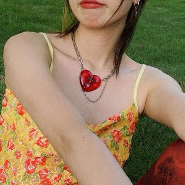 

pendant necklaces y2k jewelry european red peach heart cross necklace for women love punk harajuku goth charms 90s aesthetic, Silver