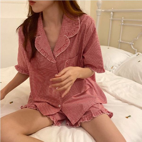 

women's sleepwear korean lapel sweet girl's sleepwear pajamas set short sleeve shorts pijama suit casual plaid cotton nightwear py, Black;red