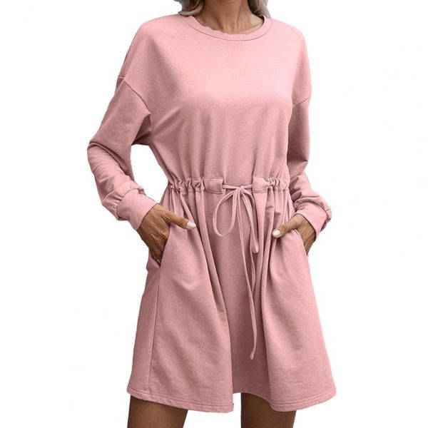 

casual dresses elegant mini dress women autumn long sleeve drawstring belt pockets a line o-neck solid color streetwear, Black;gray