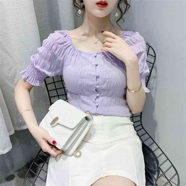 

lady short puff sleeve chiffon shirt women fashion square collar solid color blusas de mujer clothing blouse p034 210527, White