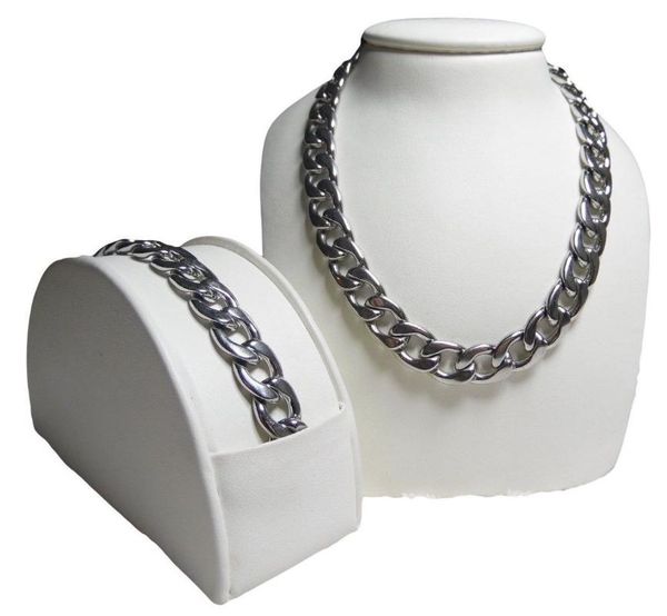 

earrings & necklace men women 15mm 7-30inch high polished silver color 316l stainless steel curb cuban link chain bracelet jewelry set