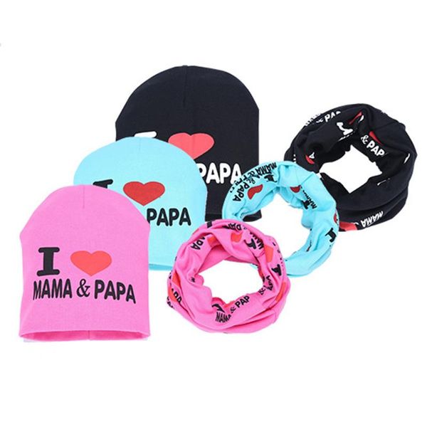 

2pcs cotton baby hat scarf set spring i love mama papa print autumn winter children caps scarves boys girls collar suit & hats, Yellow